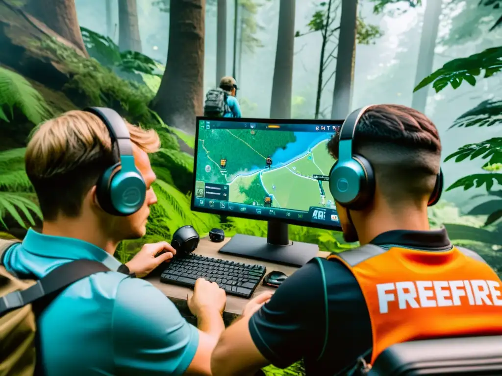 Equipo de jugadores de FreeFire estratégicamente gestionando recursos en un denso bosque, coordinando movimientos y comunicándose por auriculares