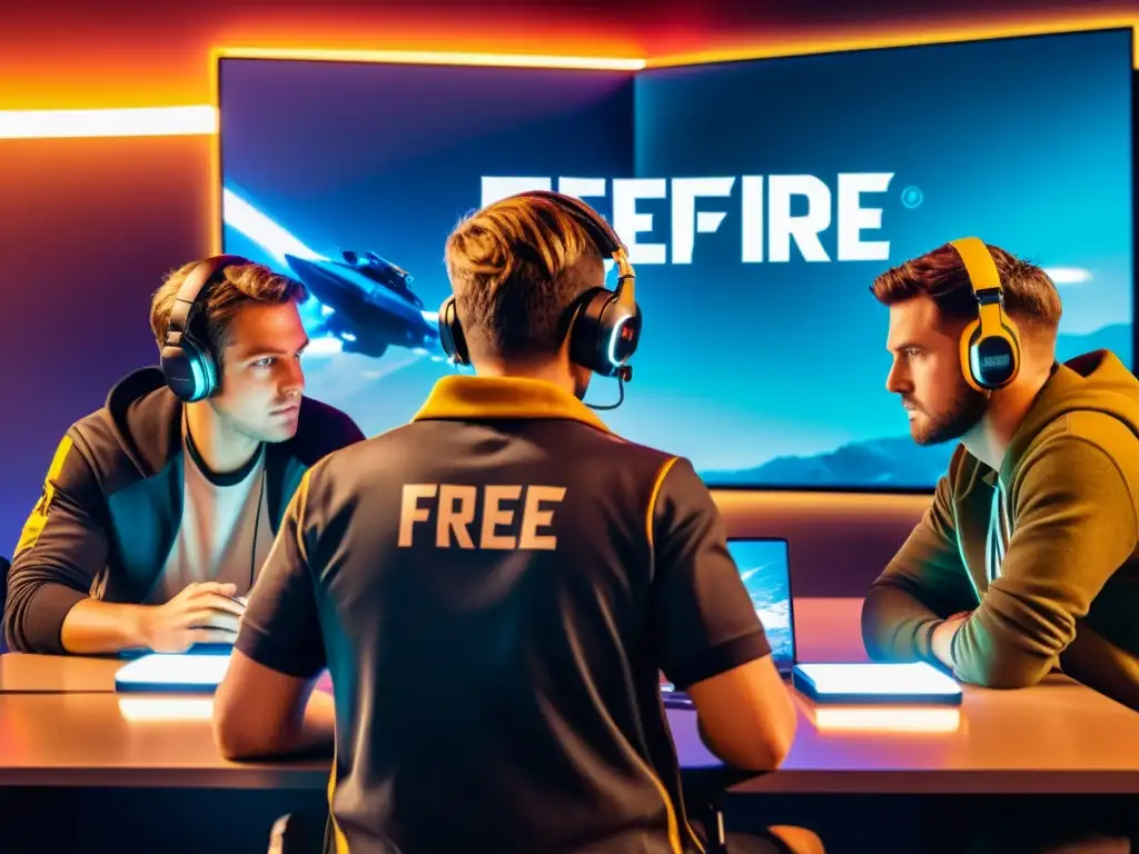 Equipo de jugadores de Free Fire en reunión estratégica, concentrados en construir relaciones ganadoras en Free Fire