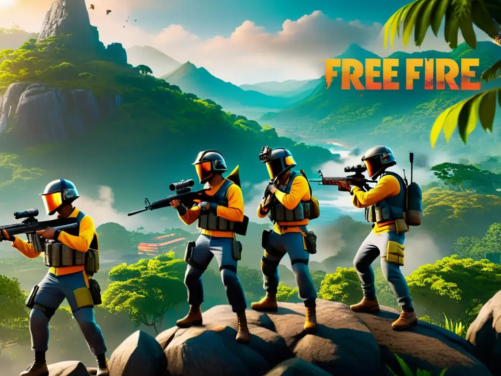 Equipo de jugadores en Free Fire estrategiando en la selva