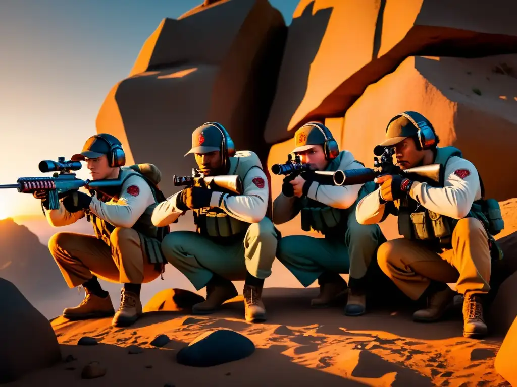 Equipo de jugadores de FreeFire en tácticas de desplazamiento, espiando al atardecer con intensidad