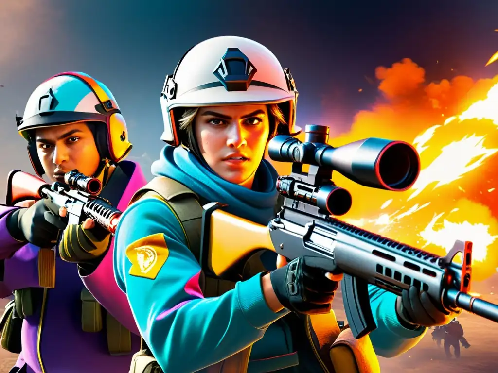 Un equipo de jugadores de Free Fire ejecutando técnicas de HitandRun con determinación, inmersos en la intensa atmósfera del juego