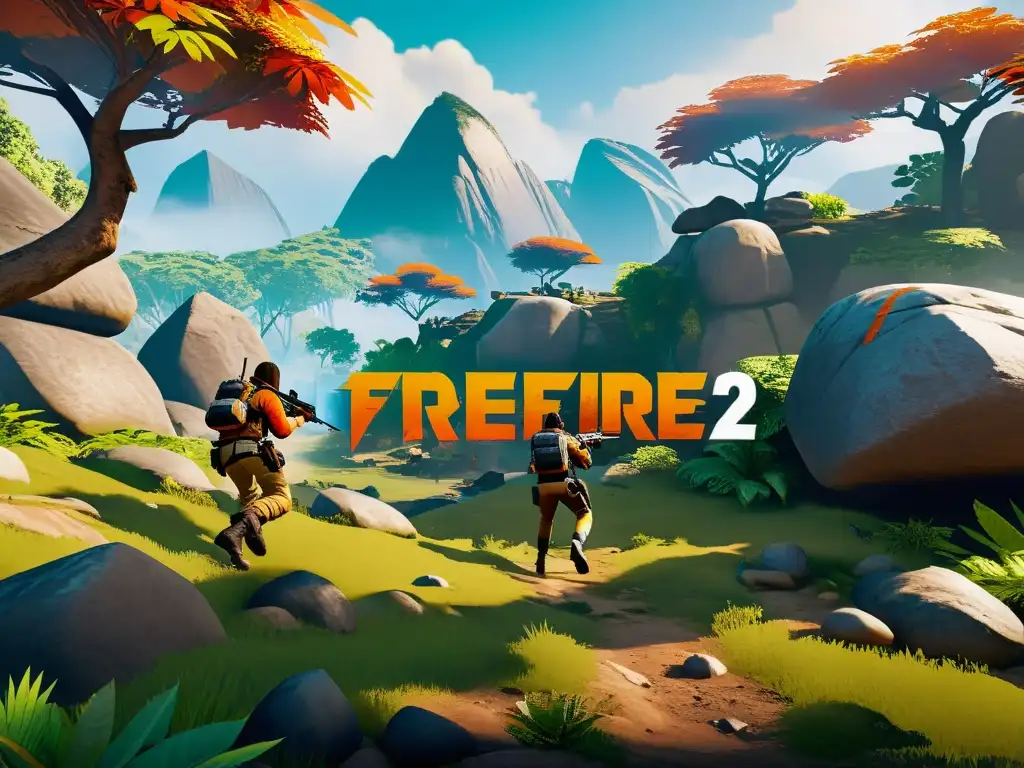 Equipo de jugadores de FreeFire aprovechando ventajas y desventajas del terreno para planificar estratégicamente su siguiente movimiento en el juego