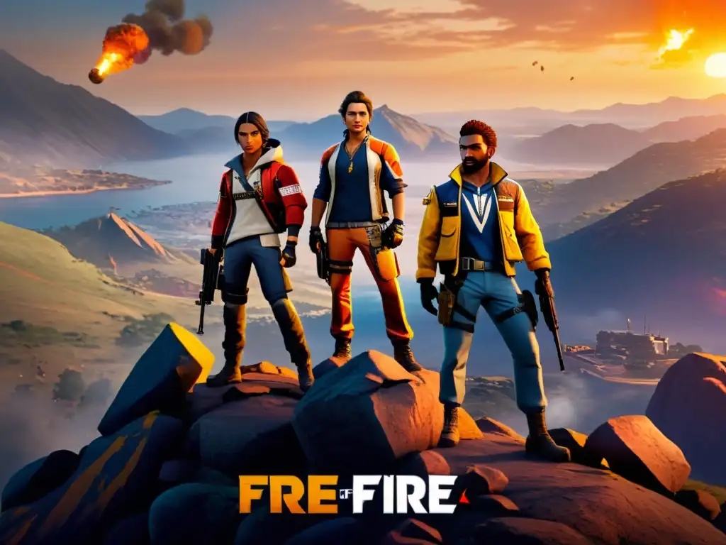 Un equipo de jugadores de Free Fire celebra victorias épicas en lo alto de un acantilado al atardecer, con el paisaje y su equipo de alta gama