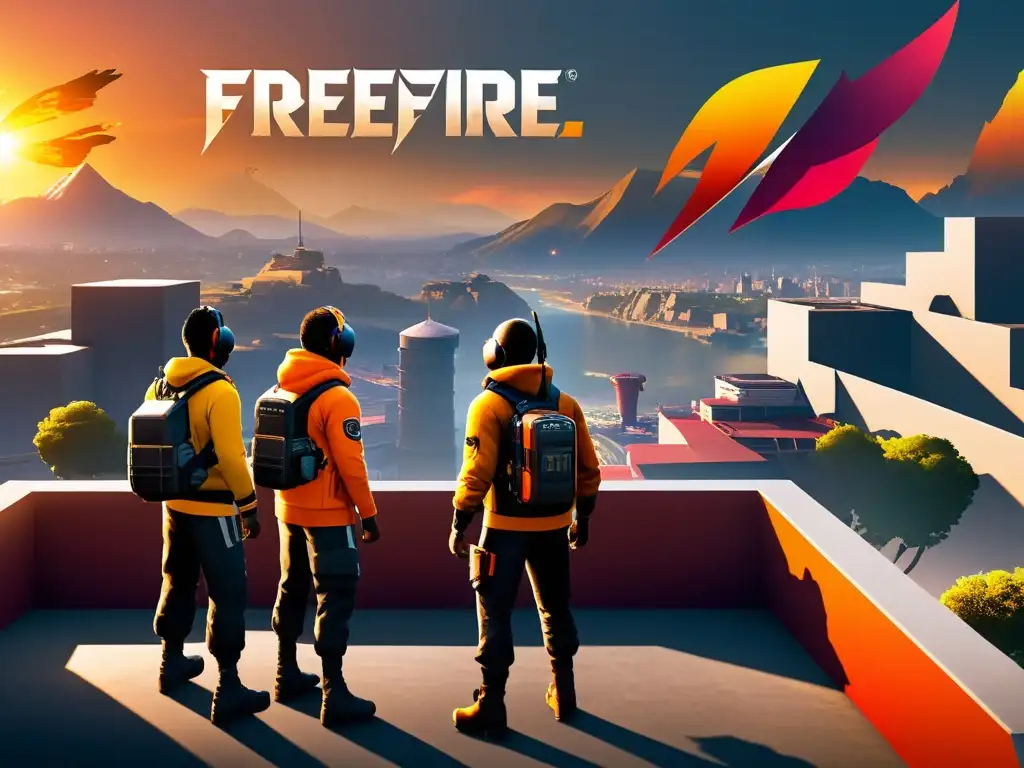 Equipo FreeFire colaborando estratégicamente en paisaje urbano al atardecer para eventos