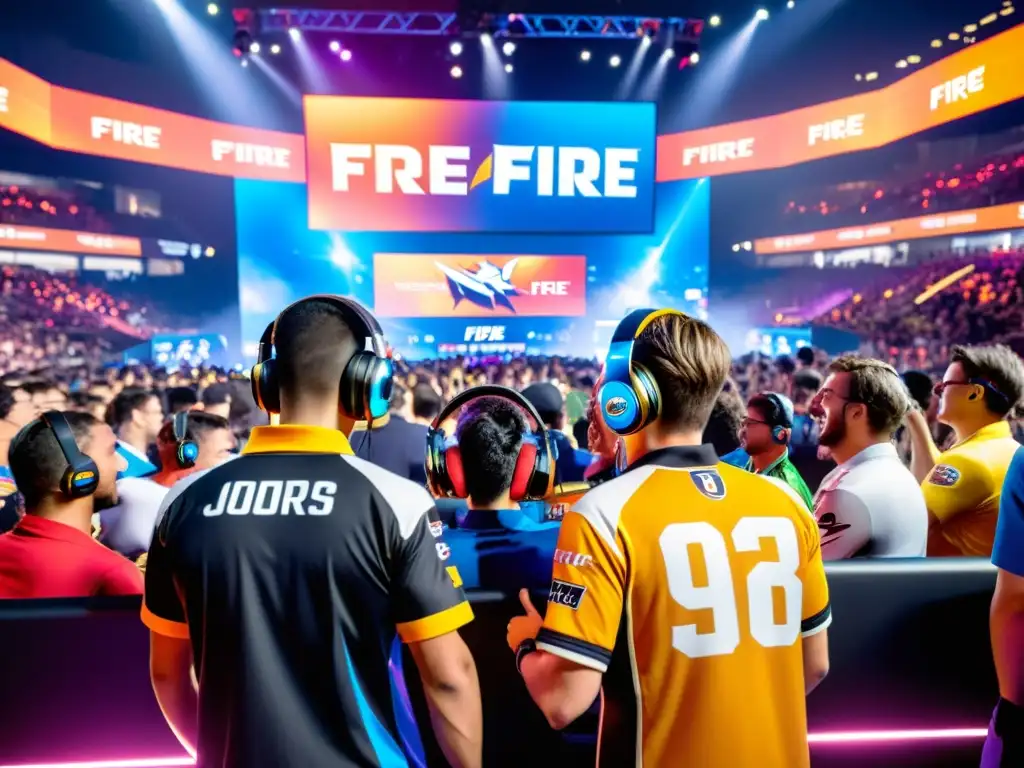 Equipo de Free Fire con patrocinios avanzados celebra victoria en arena futurista con luces LED y pantallas digitales, rodeados de multitud animada