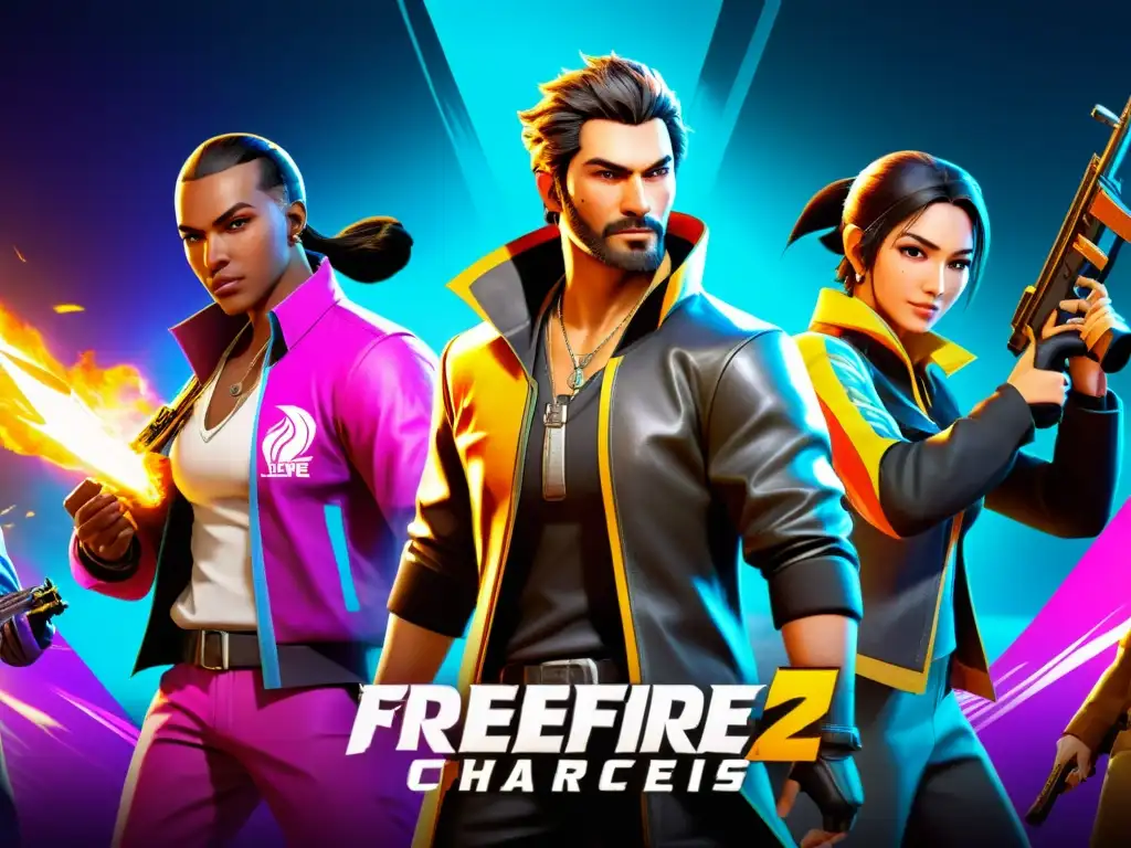 Un equipo de personajes de FreeFire enfrentando un evento caótico y vibrante en el juego, mostrando estrategias y trabajo en equipo