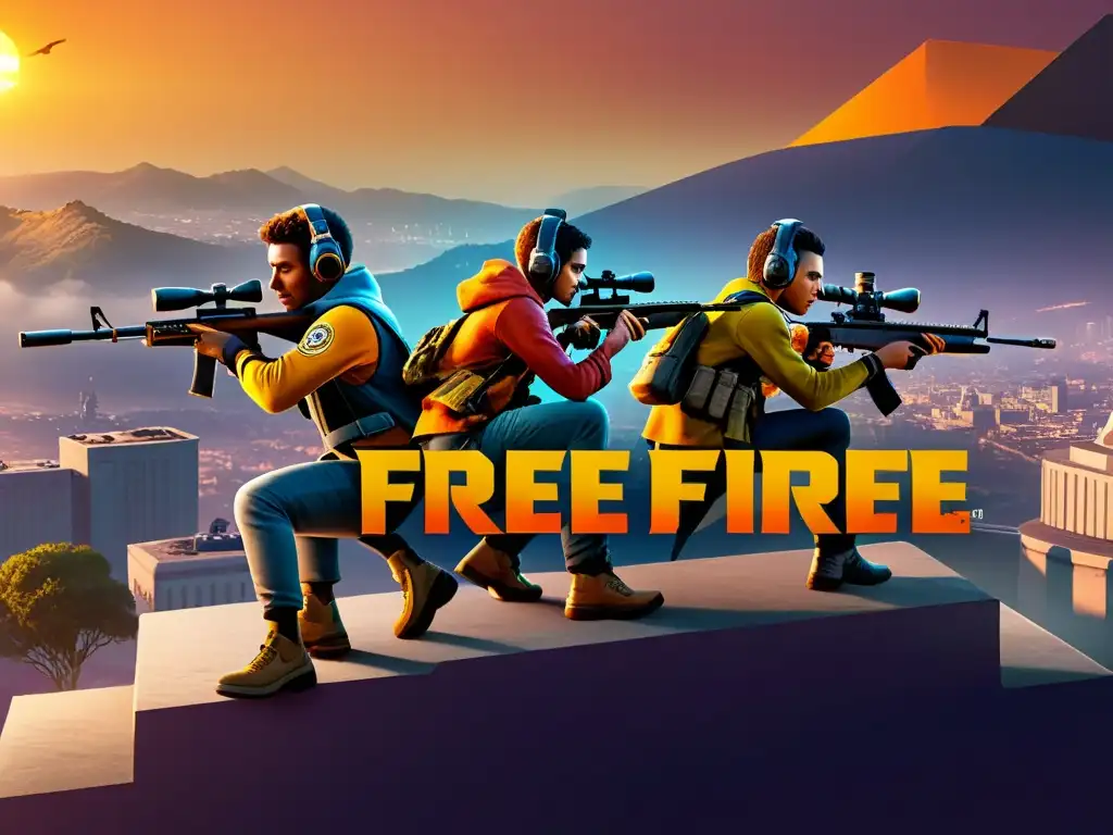 Equipo de Free Fire en acción, estratégicamente posicionado en un punto alto, listos para disparar