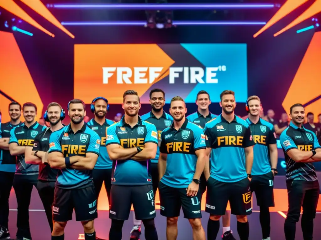 Equipo profesional de Free Fire en la arena futurista, integrando patrocinios en el competitivo escenario de Free Fire