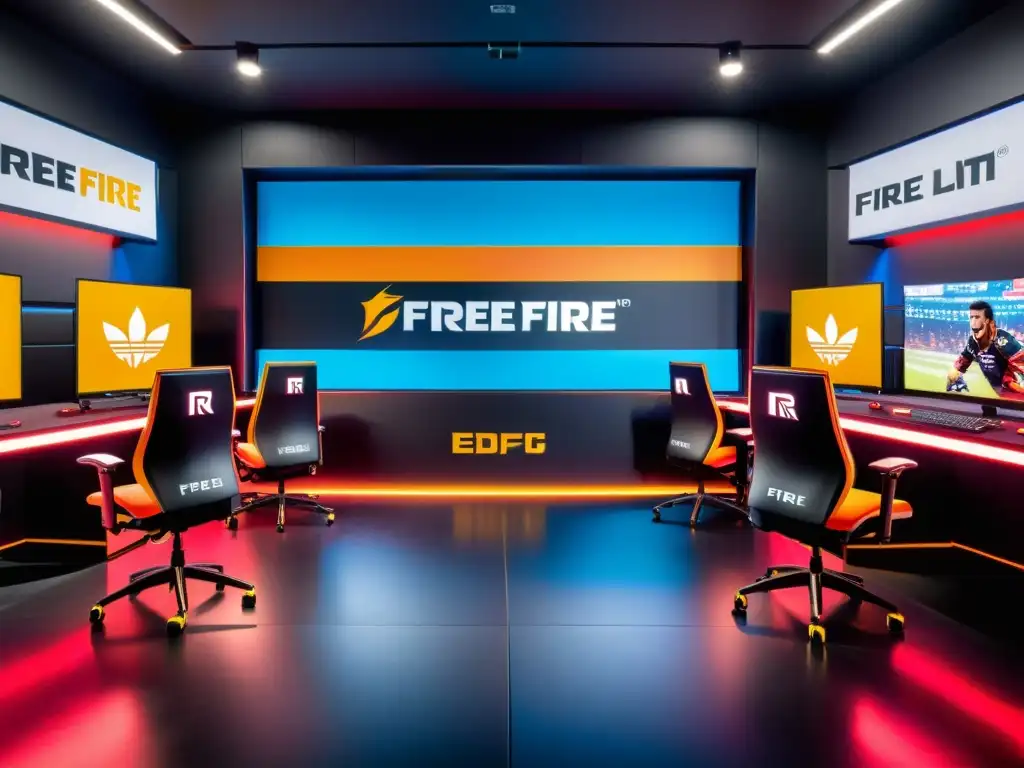 Equipo profesional de Free Fire concentrado en emocionante partida, rodeado de marcas patrocinadoras en sala de juego LED, capturando la emoción de patrocinios para FreeFire