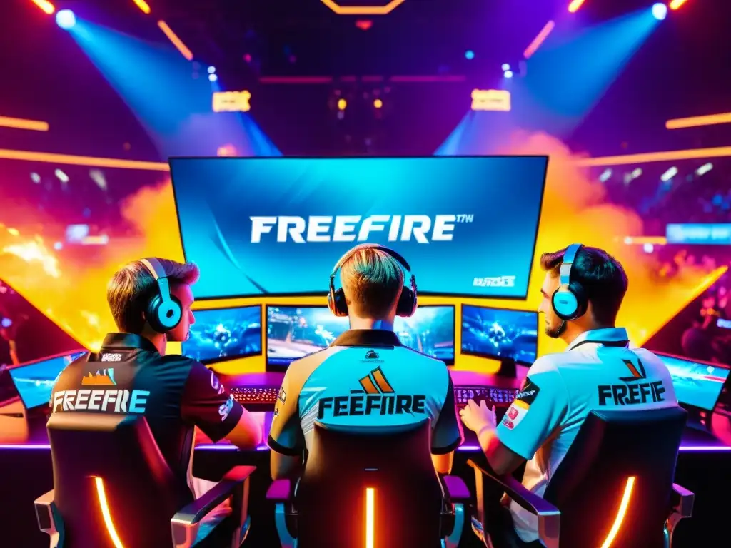 Equipo profesional de FreeFire concentrado en torneo, en un escenario futurista con fans y pantallas LED brillantes