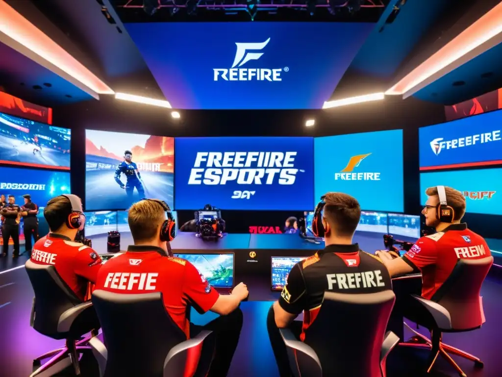 Equipo profesional de FreeFire eSports concentrado en estrategias durante un campeonato