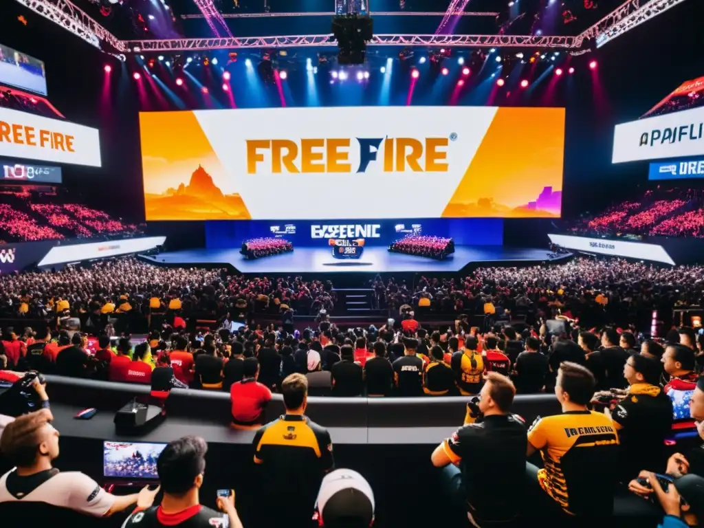 Equipo profesional de esports en el escenario de un torneo de Free Fire, con patrocinios que transforman el juego