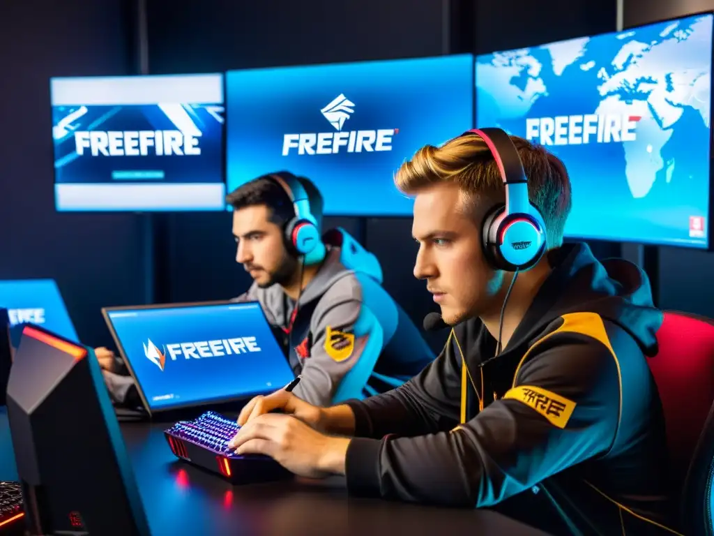 El equipo profesional de eSports de FreeFire analiza estrategias en un ambiente moderno y enfocado