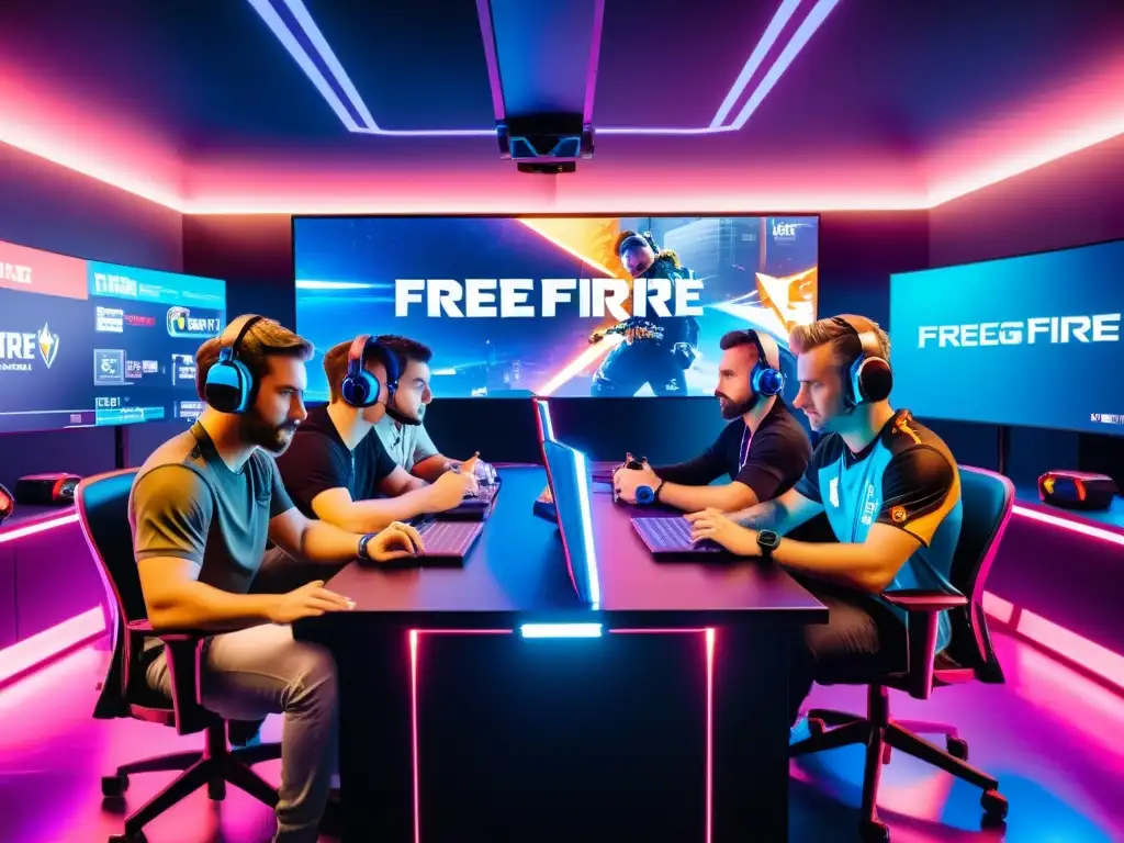 El equipo profesional de esports se reúne alrededor de una mesa futurista, con hologramas de Free Fire