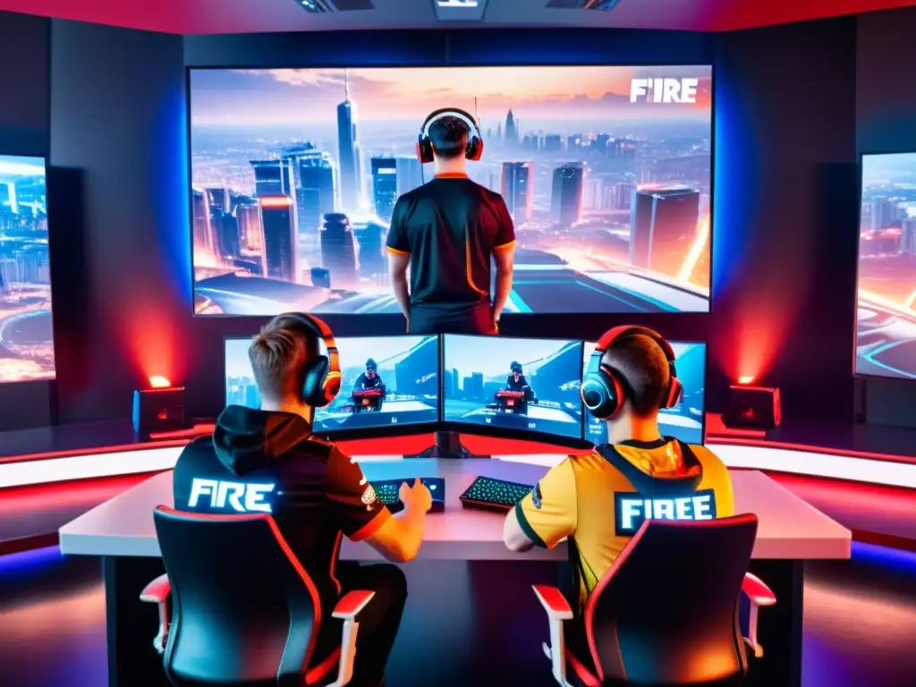 Equipo profesional de esports en plena estrategia para torneo de Free Fire, rodeados de tecnología y con determinación