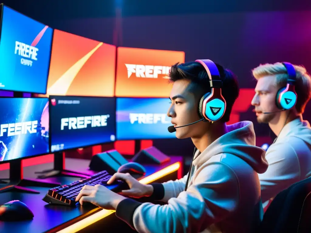 Equipo profesional de FreeFire eSports compitiendo en torneo de alta exigencia, mostrando las mejores estrategias para FreeFire eSports