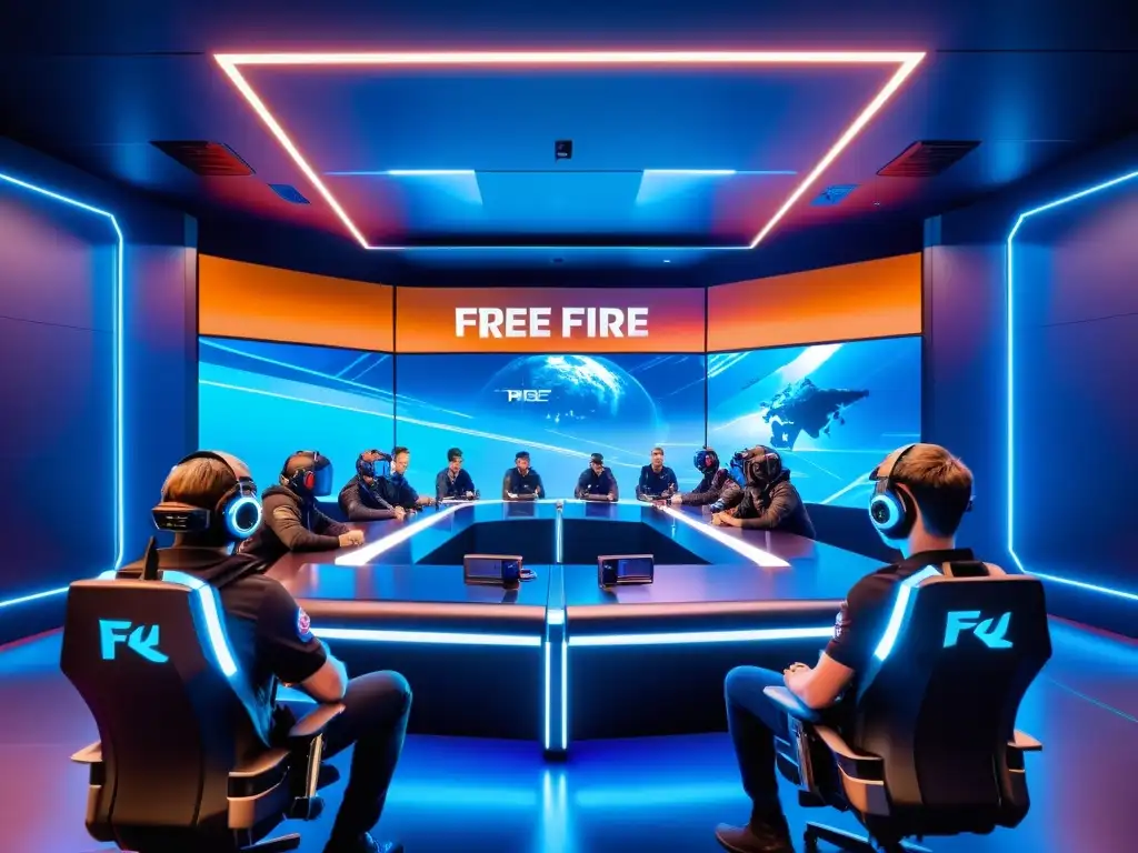 Equipo profesional de Free Fire analizando estrategias en sala de entrenamiento futurista y unida, bañada en luz azul