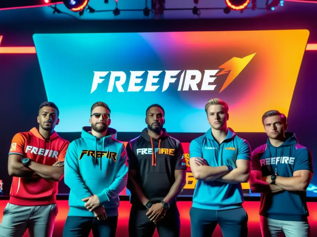 Equipo profesional de gamers en torneo de lanzamiento en FreeFire, inmersos en atmósfera futurista y tecnológica