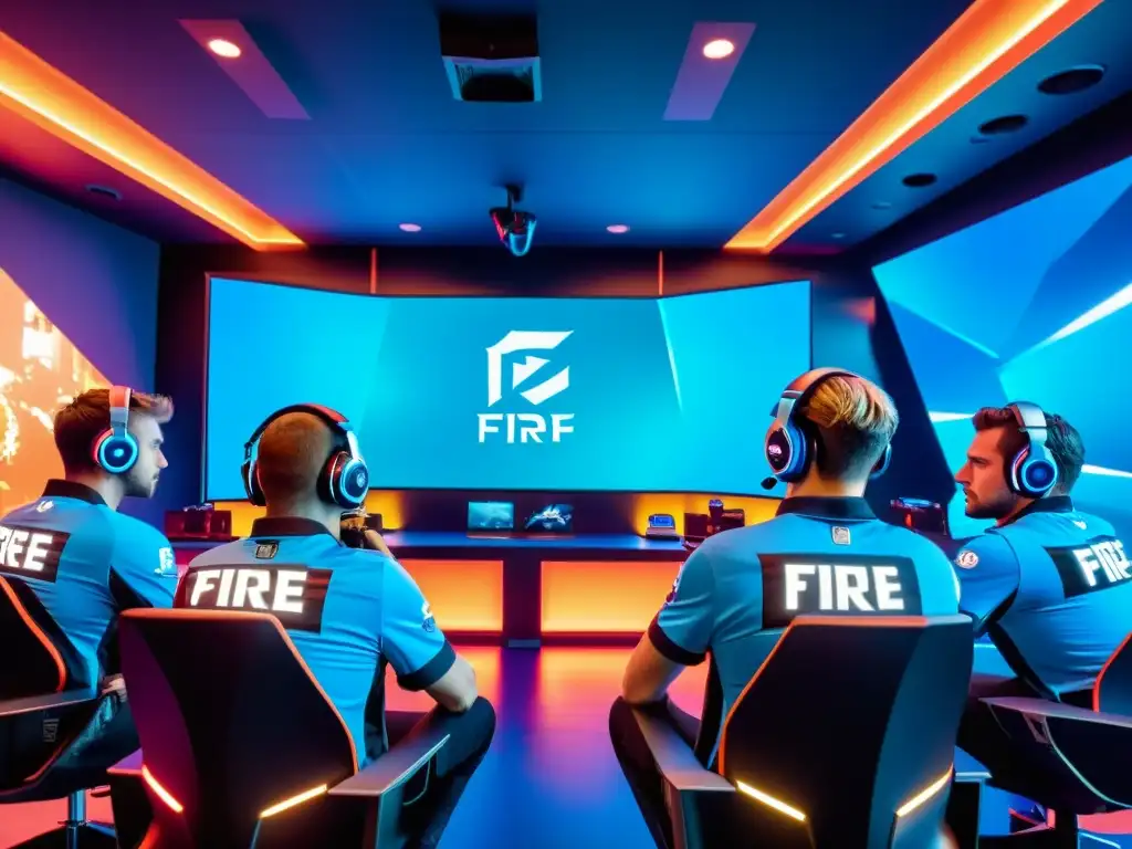 Un equipo profesional de jugadores de Free Fire en una sala de juegos futurista, mostrando determinación y enfoque en la competencia