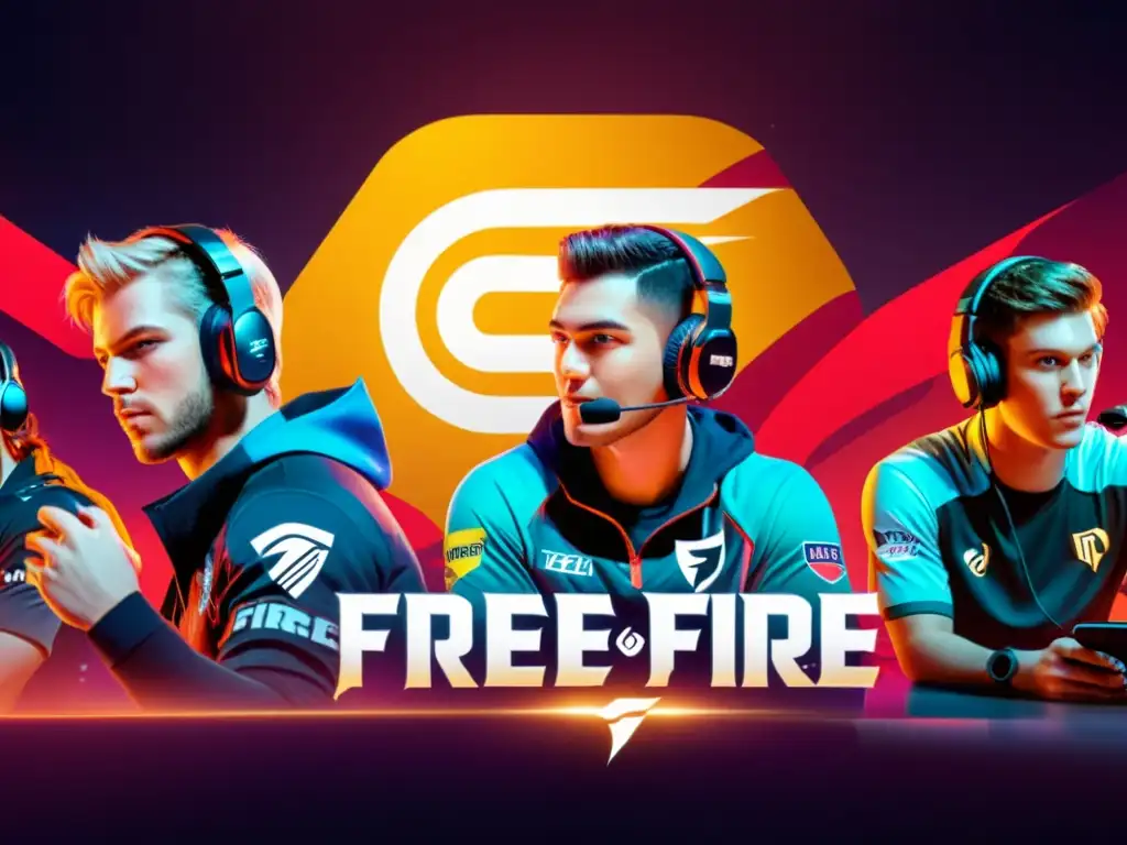 Equipo profesional de Free Fire en moderna arena de esports, estrategizando para conseguir patrocinios lucrativos en la industria de Free Fire