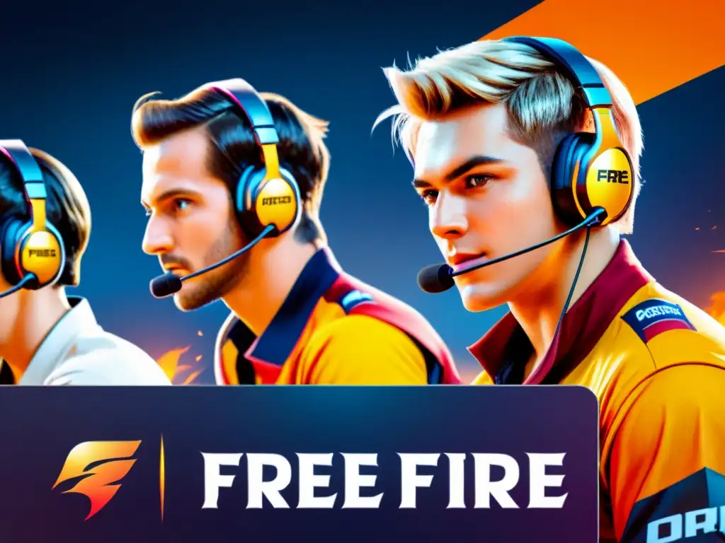 Equipo profesional de Free Fire en torneo, comunicación estratégica y enfoque intenso