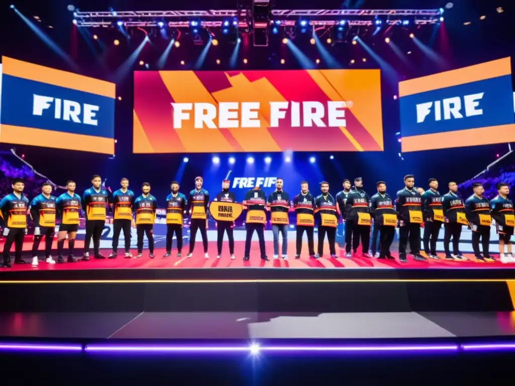 Equipo profesional en torneo de Free Fire, patrocinios en escena, jugadores concentrados y público emocionado