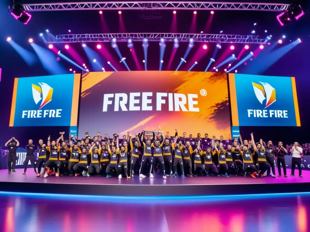 Equipo profesional de Free Fire celebra victoria en torneo, rodeado de patrocinadores y multitud, reflejando la analítica de patrocinios en Free Fire