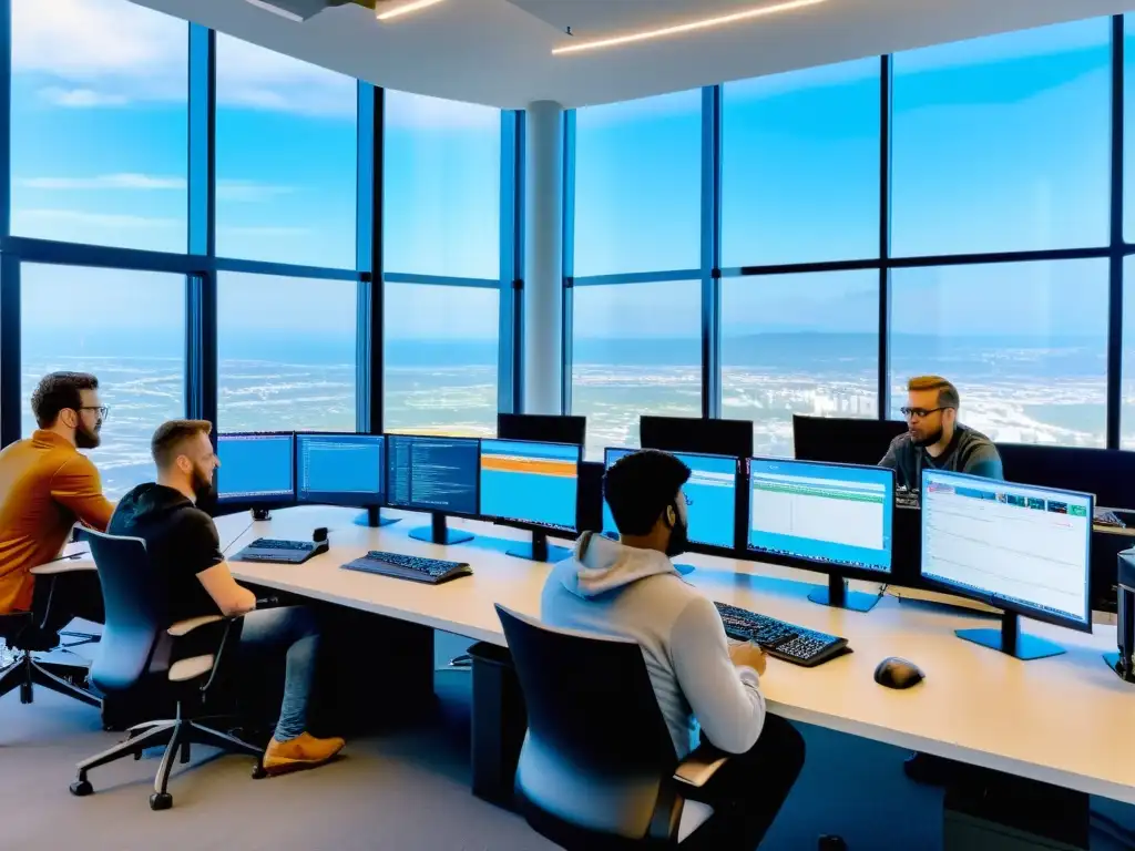 Equipo de programadores y desarrolladores brainstorming las mejores estrategias testing FreeFire en una oficina moderna con vistas a la ciudad