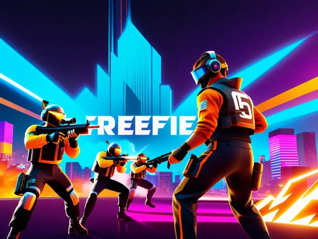 Equipo en acción con remontadas épicas en FreeFire Tournaments en escena futurista y vibrante