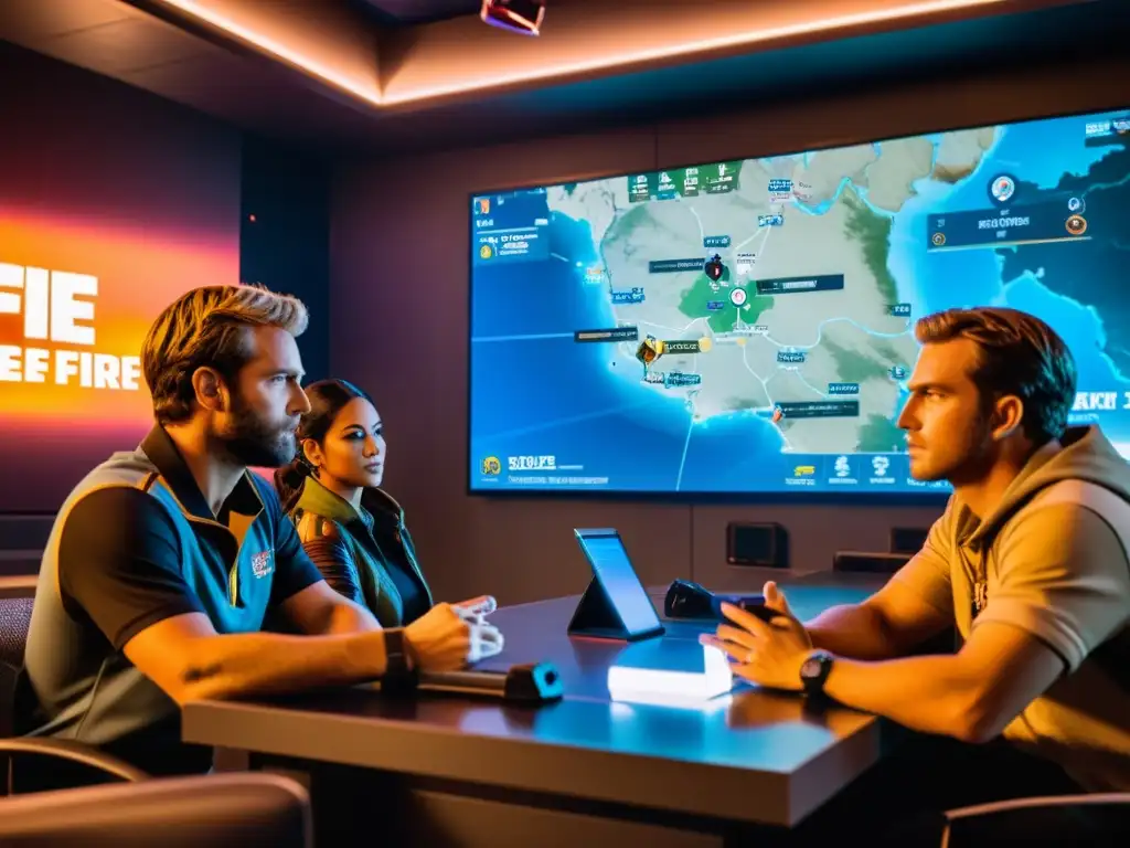 Equipo de Free Fire estrategizando en sala de guerra tecnológica para maximizar ganancias