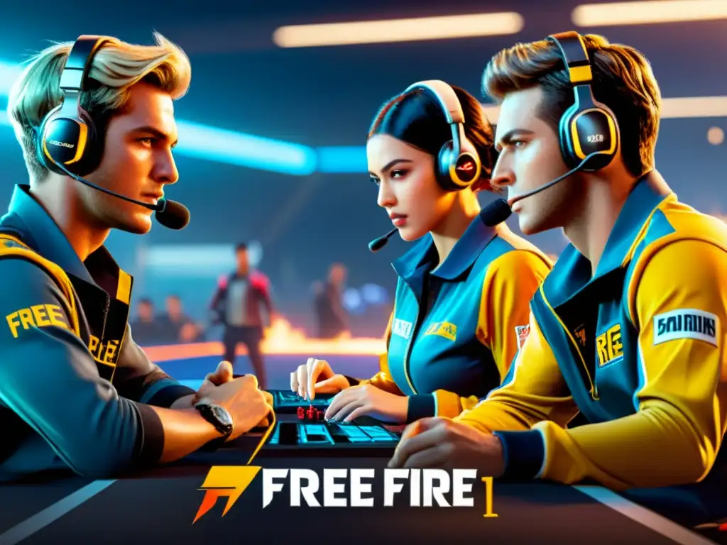 Un equipo sincronizado en Free Fire luchando con determinación y coordinación en un escenario moderno y futurista