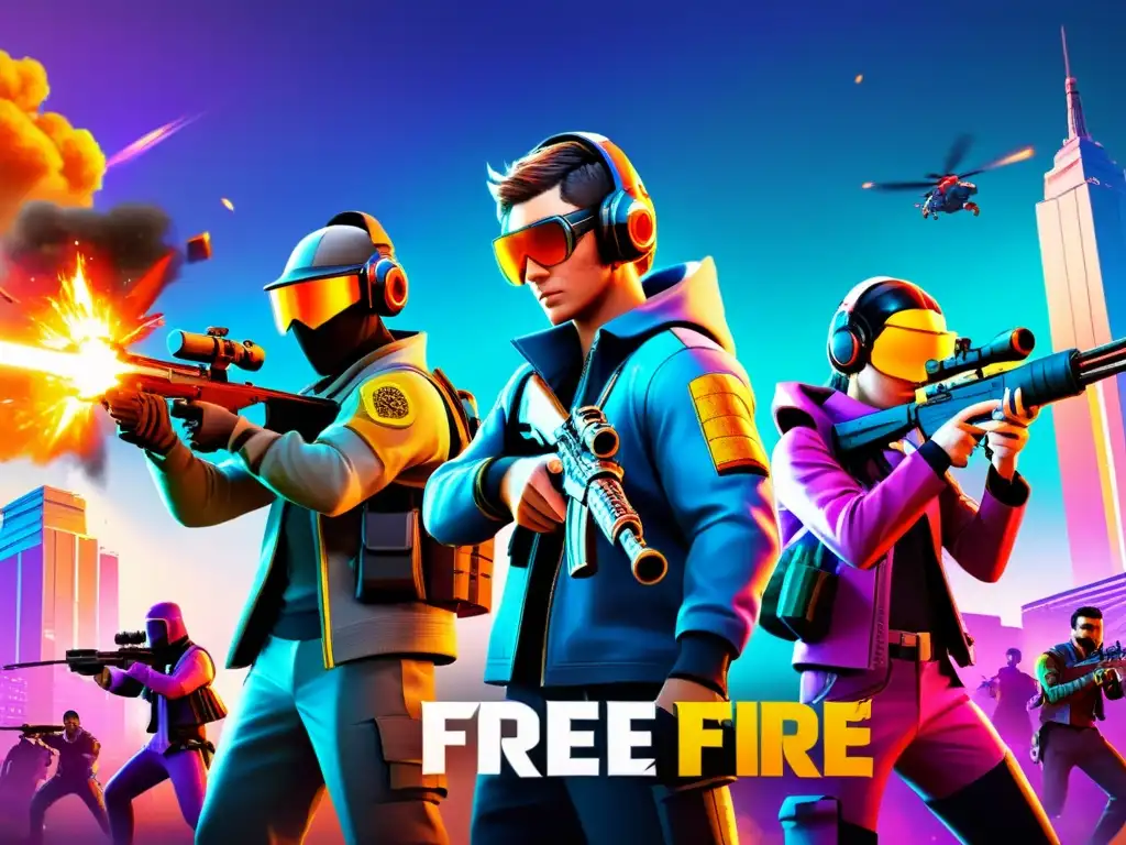 Equipo Free Fire construyendo sinergia invencible en paisaje futurista vibrante