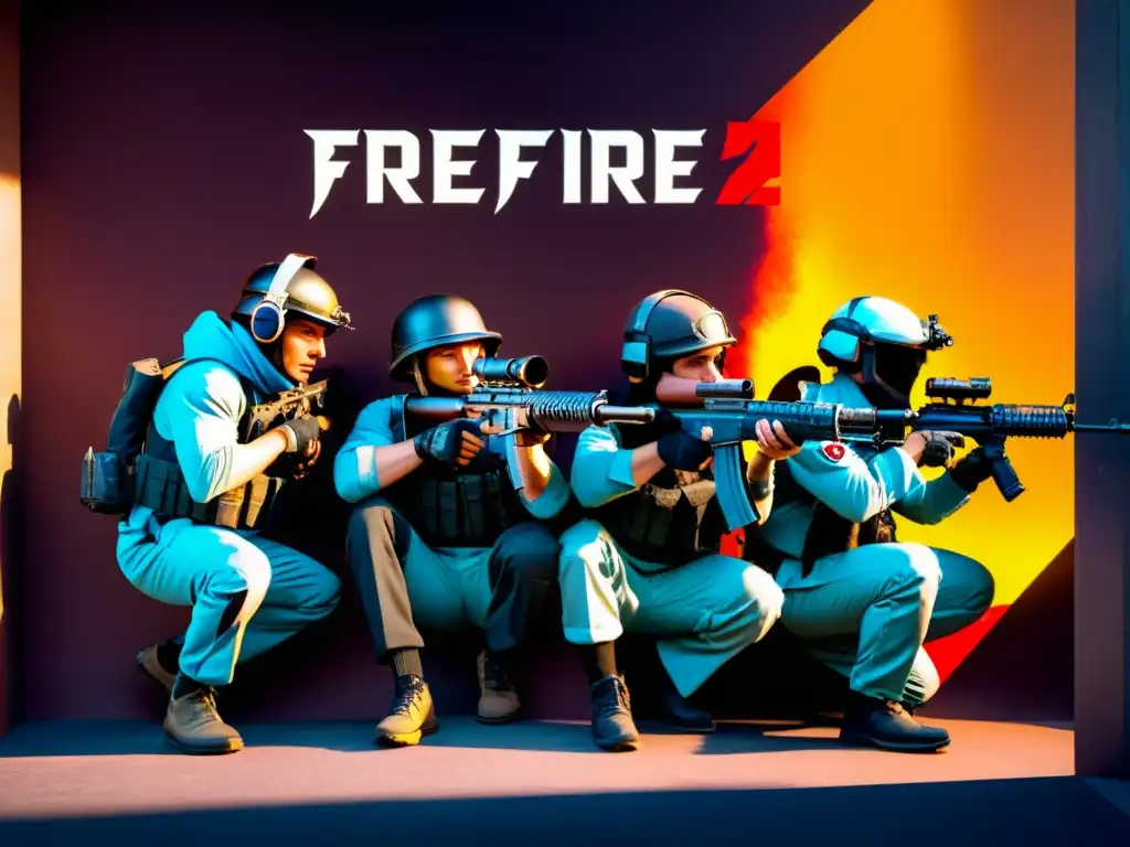 Equipo en táctica, preparado para estrategias de sorpresa en FreeFire, en un intenso escenario de batalla urbana futurista