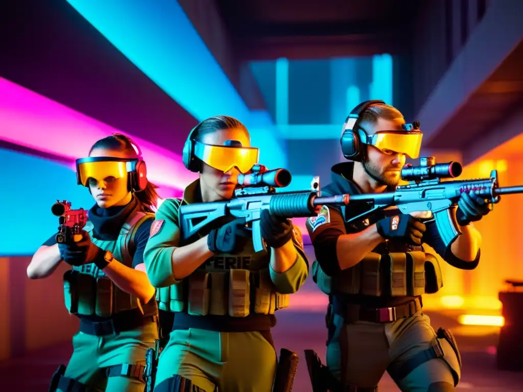 Equipo en FreeFire con tácticas de alto nivel en un entorno urbano futurista, iluminado por luces de neón