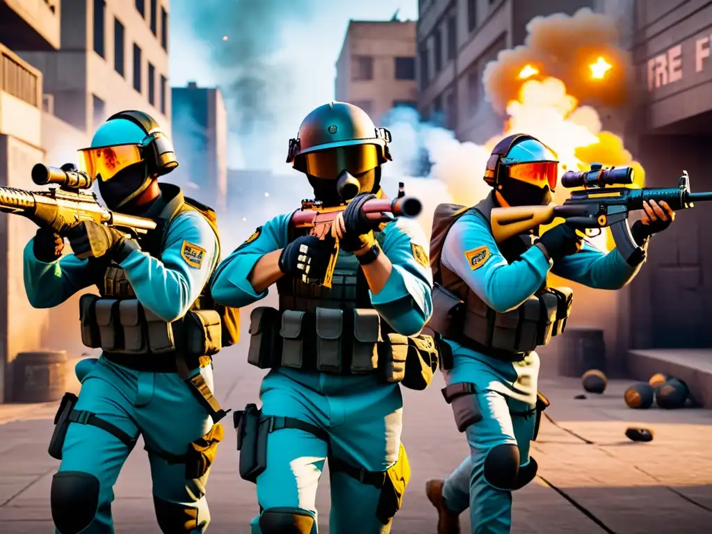 Equipo de FreeFire usando tácticas de equipo para desorientar en un entorno urbano denso, con gran detalle y realismo