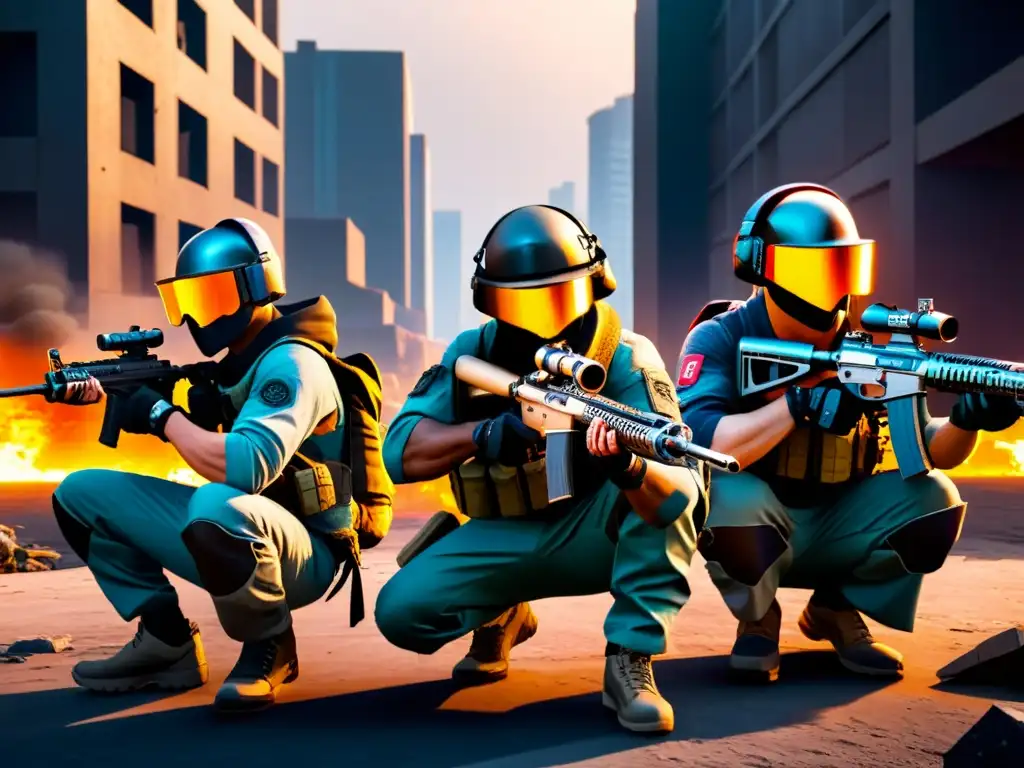 Equipo táctico de FreeFire en ambiente urbano de guerra, estrategias y coordinación en juego