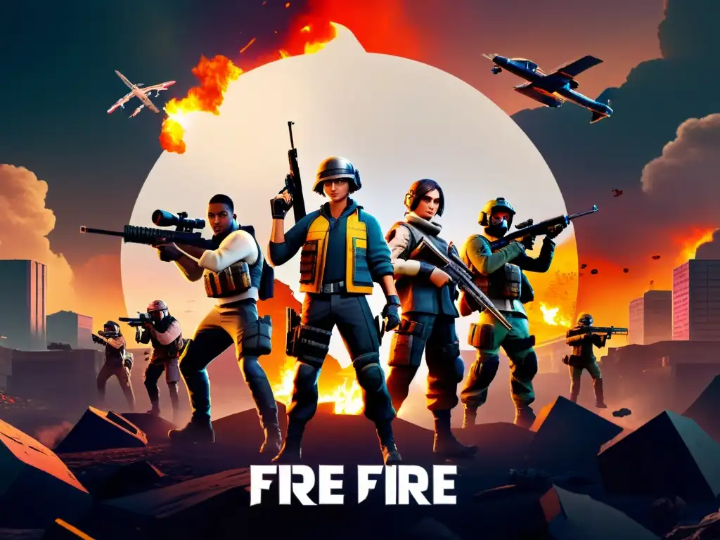 Equipo táctico en formaciones de combate en Free Fire: jugadores estratégicamente armados en un paisaje postapocalíptico, listos para la batalla