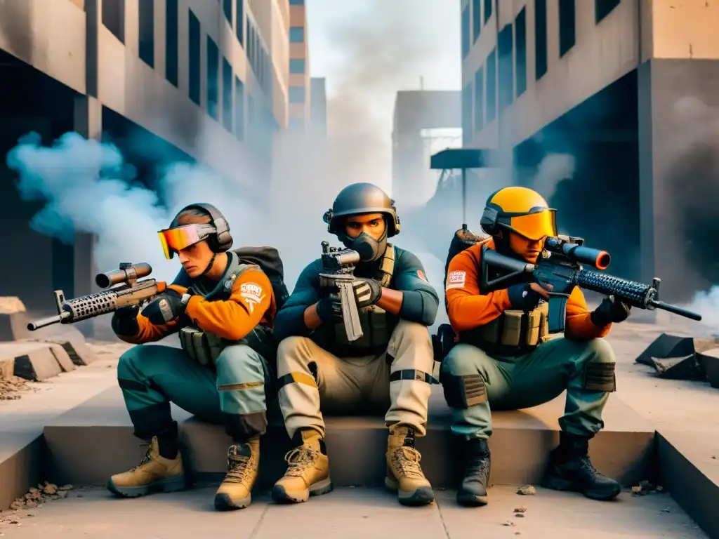 Equipo táctico en intensa batalla urbana de FreeFire, estrategias y determinación en alta intensidad