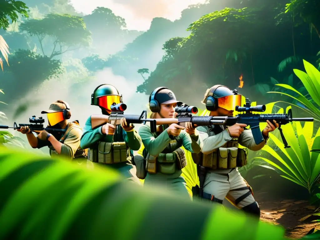 Equipo táctico en la jungla de Free Fire, mostrando uso estratégico del entorno