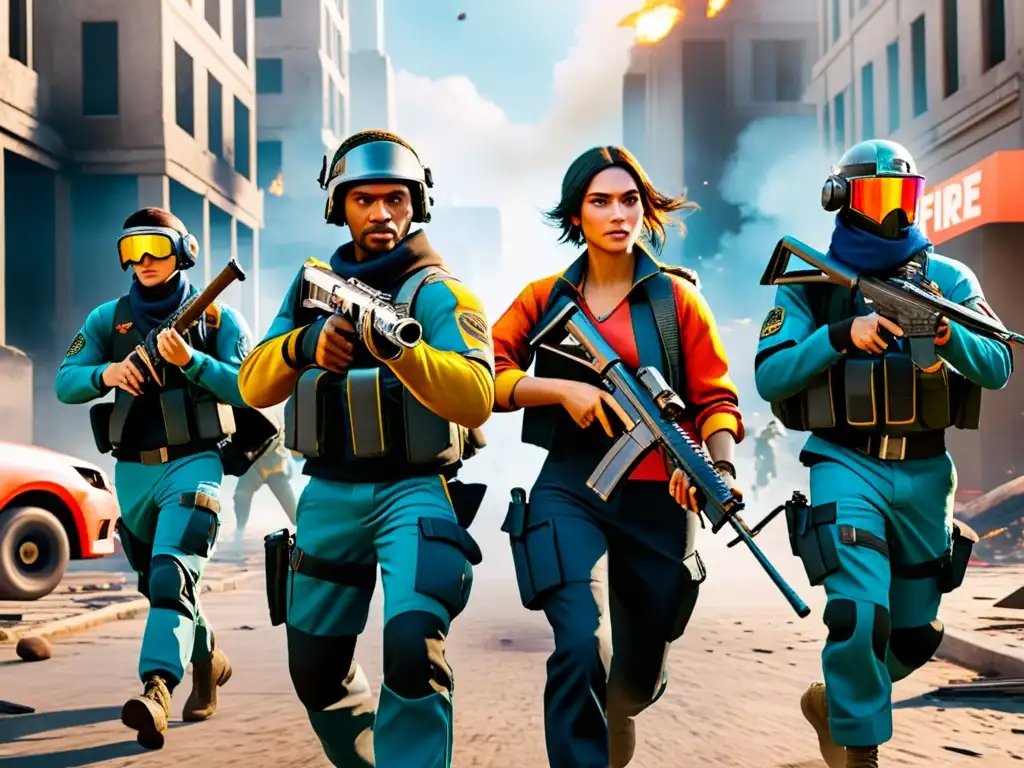 Equipo táctico de Free Fire en acción, desplegando las mejores estrategias de juego en un paisaje urbano devastado por la guerra