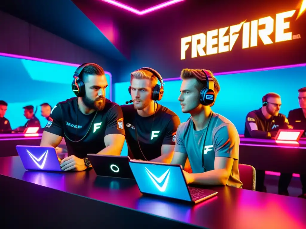 Equipo top de la Liga FreeFire concentrado en estrategias en un escenario futurista con tecnología vanguardista y luces neón vibrantes