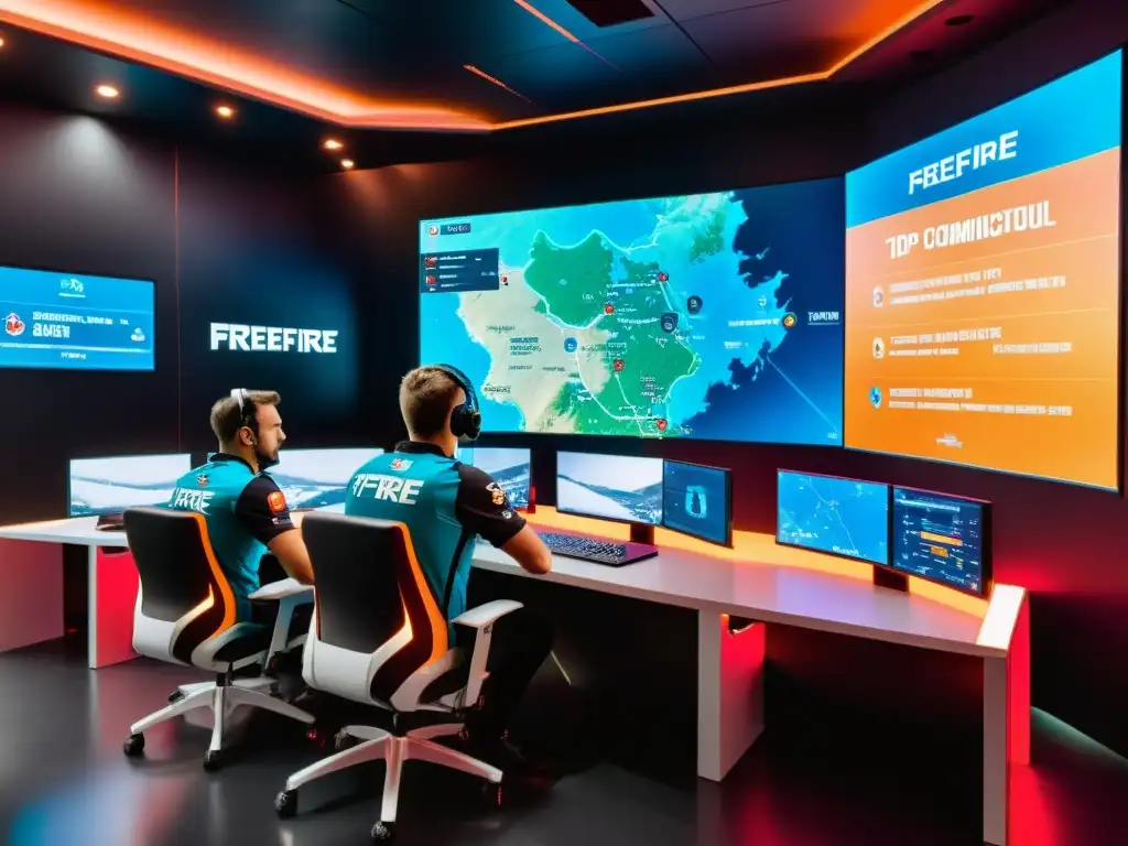 Equipo top de Estrategias FreeFire World Cup, concentración y determinación en sala de mando futurista