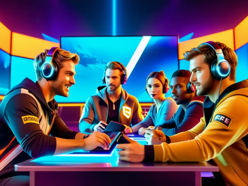 Equipo de Free Fire celebrando una victoria con estrategia y emoción, rodeados de tecnología futurista y estadísticas del juego