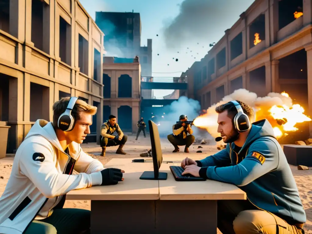 Dos equipos en un tenso combate de FreeFire, con estrategias mentales y concentración intensa en un escenario urbano deteriorado