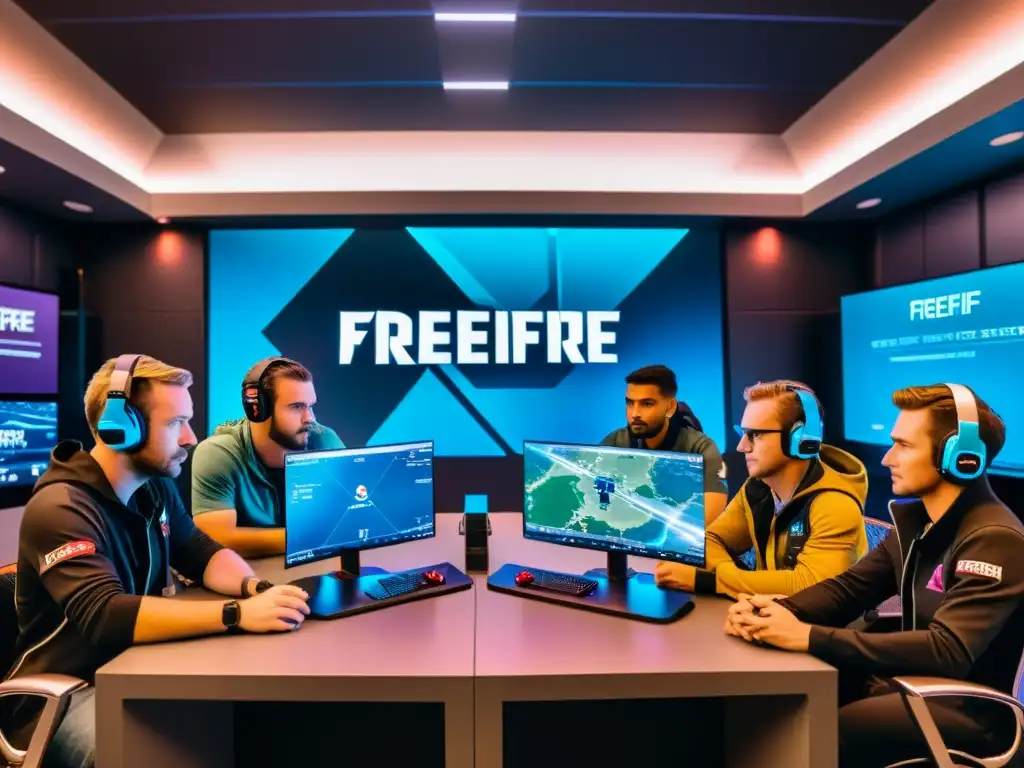 Equipos top de FreeFire en sala de guerra futurista, planeando estrategias para la Copa del Mundo