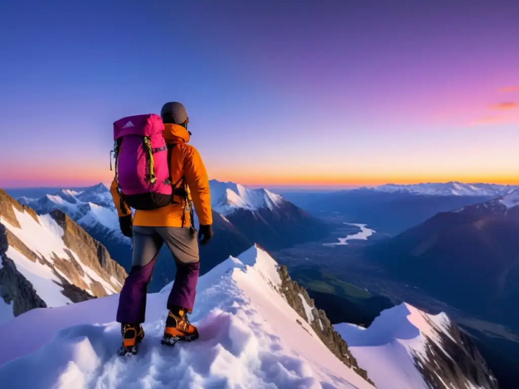 Un escalador conquista la cumbre de una imponente montaña al amanecer, en una escena de triunfo y asombro