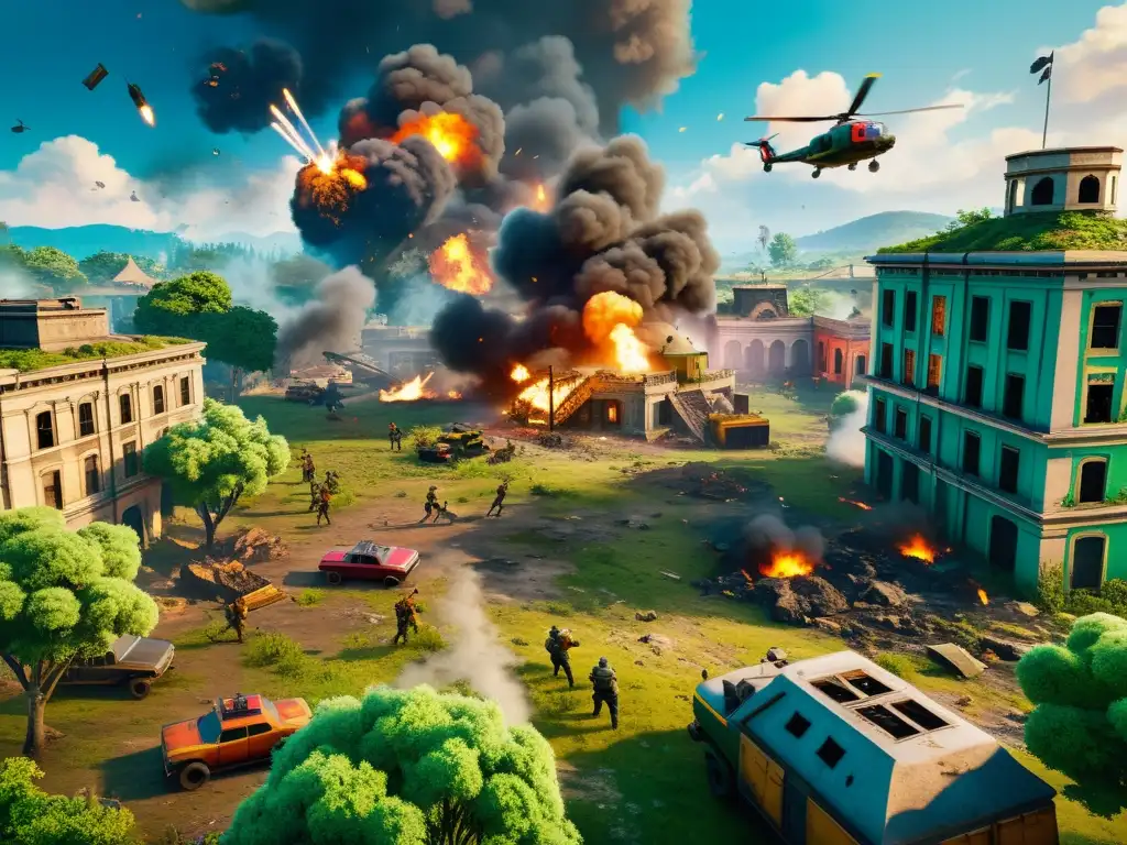 Escena de batalla con errores fatales en Free Fire: edificios en ruinas, vegetación exuberante y combate intenso entre dos equipos