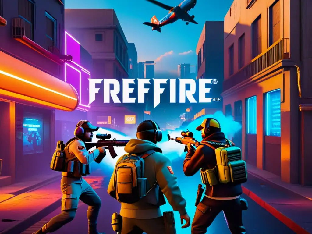 Escena de batalla intensa en entorno urbano de FreeFire, con tácticas avanzadas y tensión