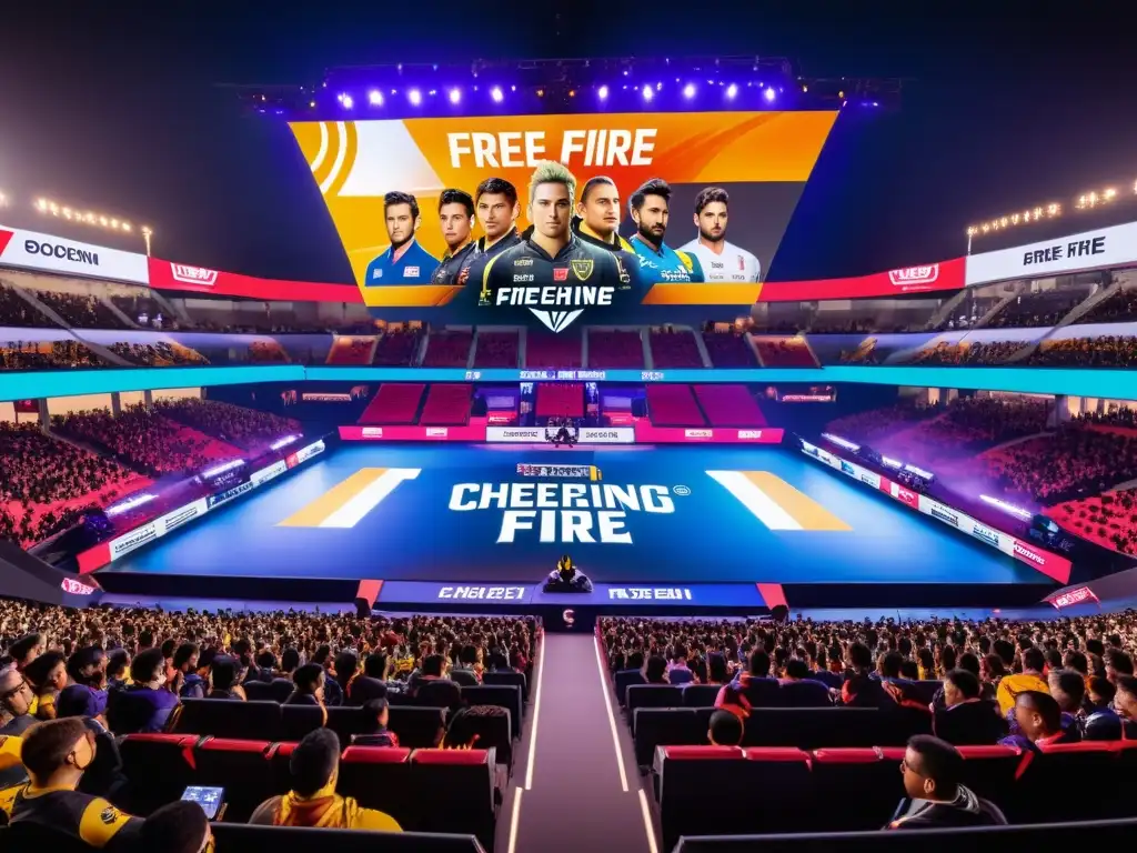 Escena competitiva de Free Fire en estadio lleno, con equipos profesionales enfrentándose, atmosfera eléctrica y tendencias marketing