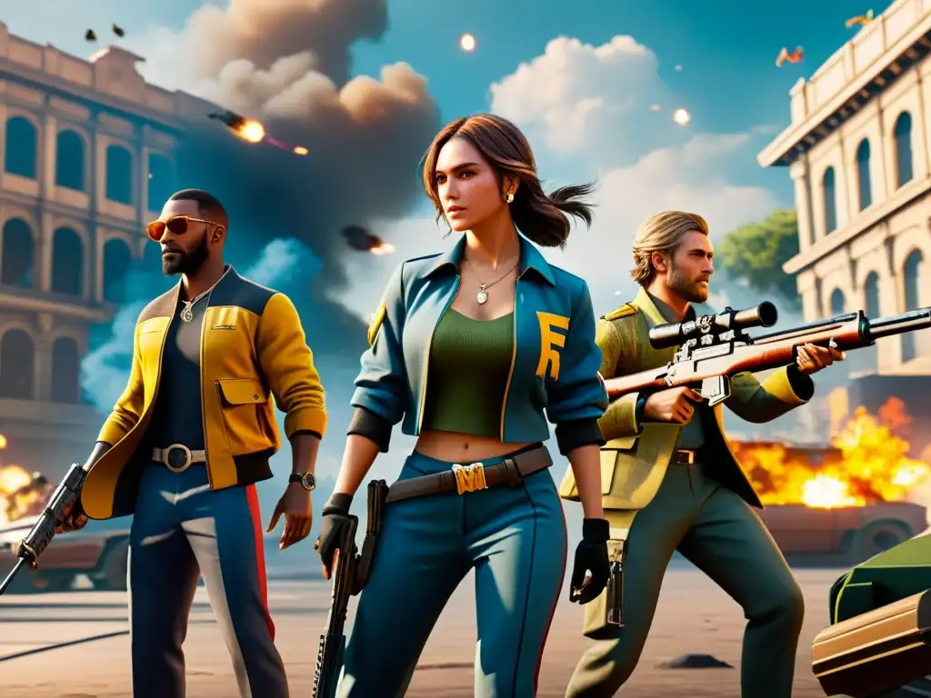 Escena épica de batalla en Free Fire con los mejores skins, personajes y armas en acción, en un entorno impresionante y detallado